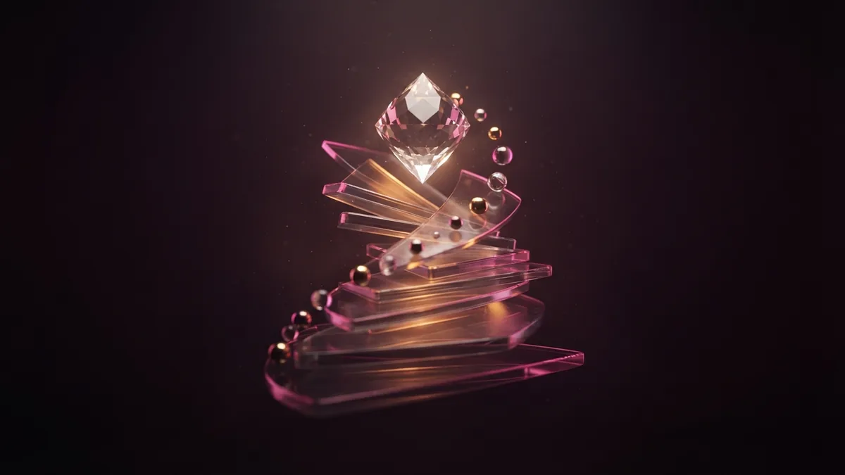 Layered glass planes and a crystal suggest focused B2B marketing strategy and growth