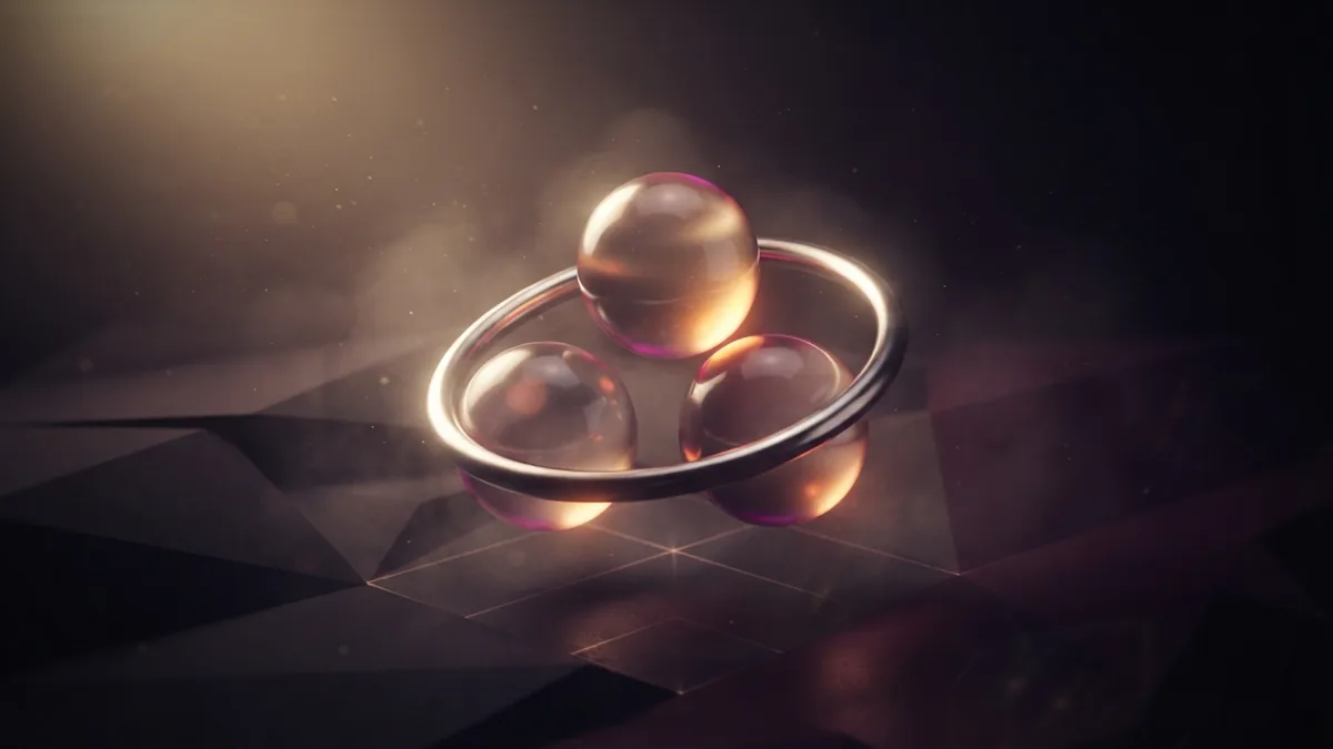 Connected steps in a consulting project Linked glass spheres and a metal ring representing the steps in a consulting project