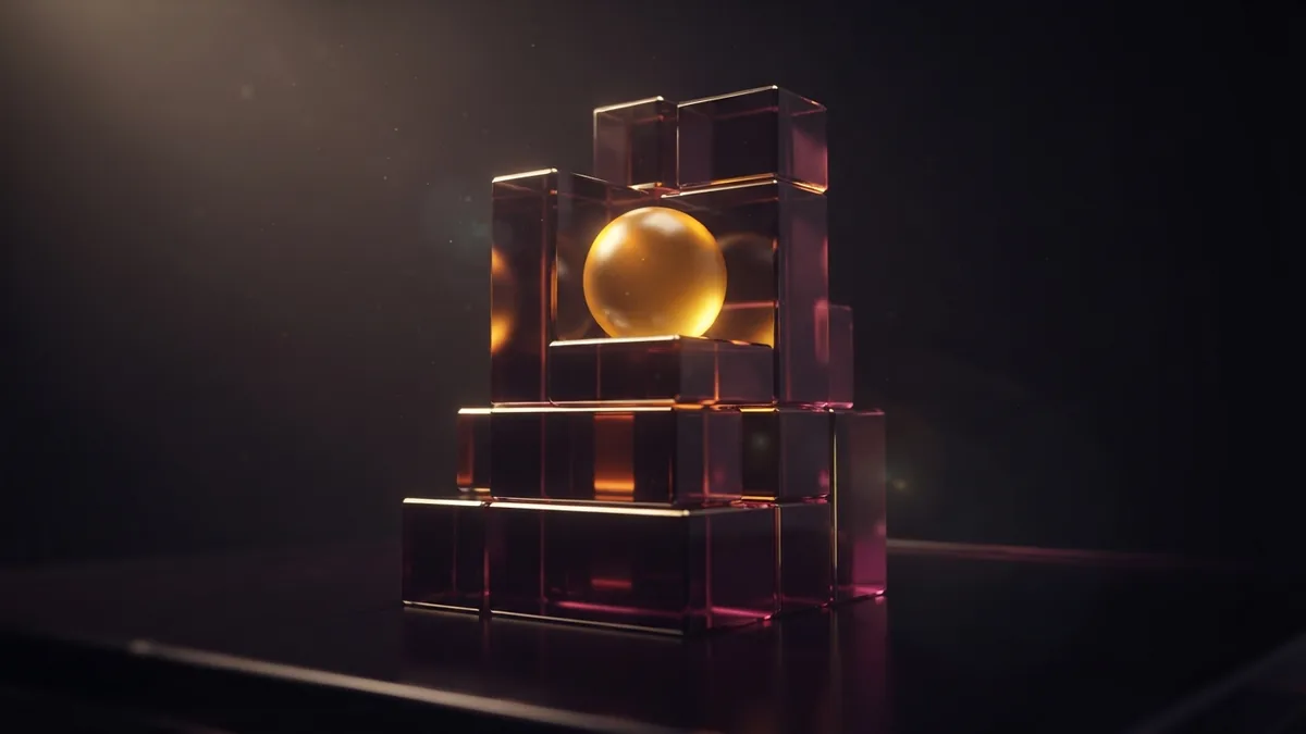 Amber glass sphere held by stacked dark forms, suggesting focused business improvement