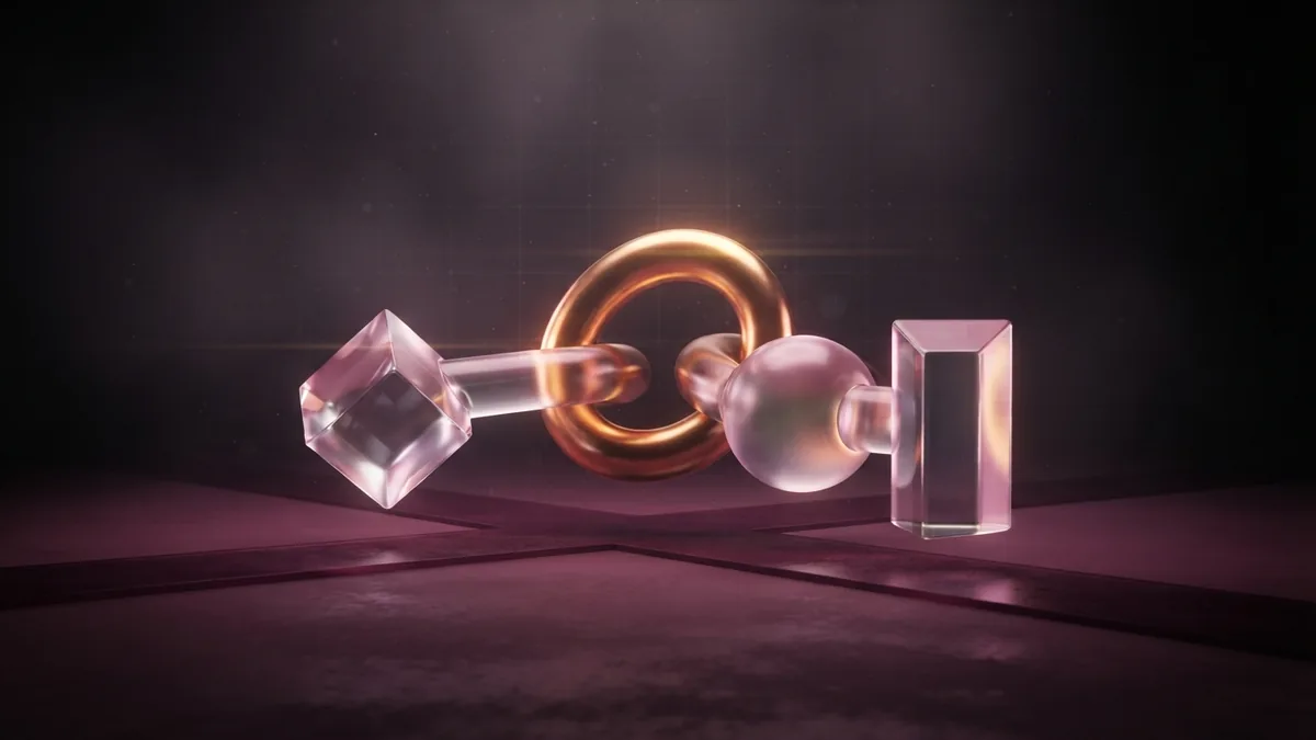 Abstract forms for business loan choices Metal knot connecting floating glass shapes against a dark plum field