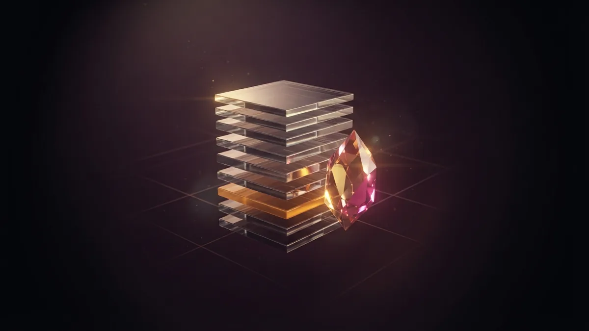 Abstract forms for loan application records Layered translucent glass planes beside a faceted crystal in dark space