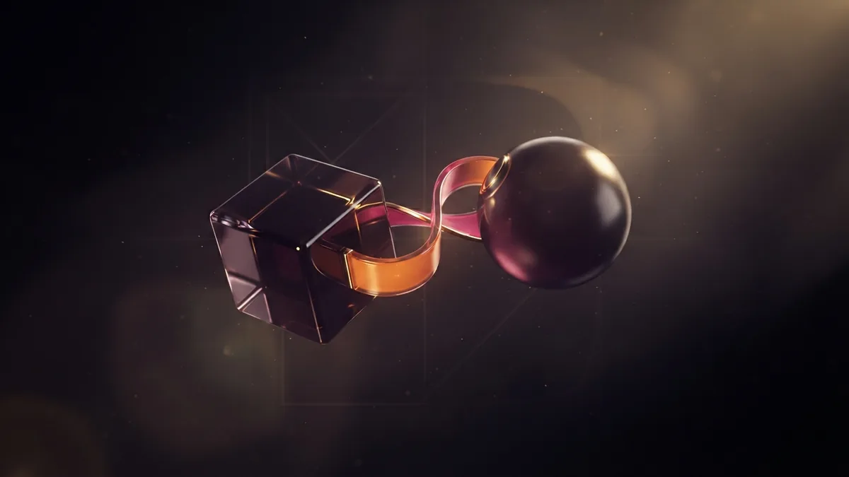 Glass cube, sphere, and linked ribbon evoke front office and back office outsourcing