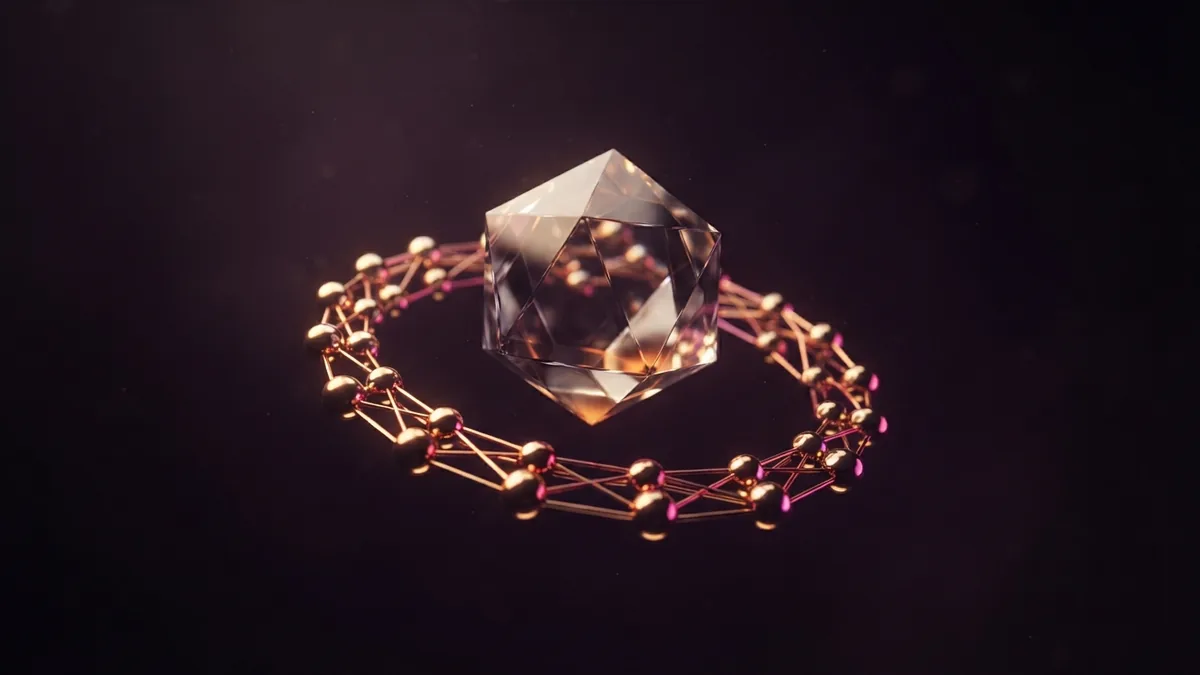 Linked systems and project work Faceted crystal joined to metal nodes, suggesting linked systems and project work