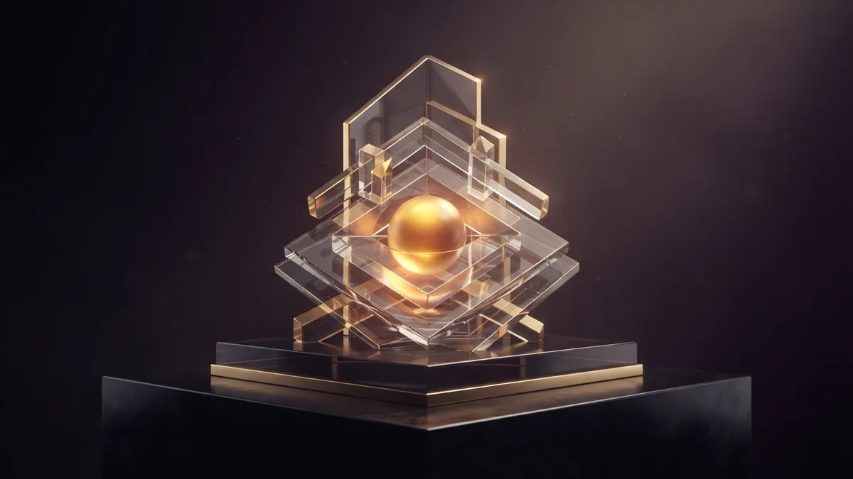 Business gains from IT advice Layered glass form with a gold-lit core, representing business gains from sound IT advice