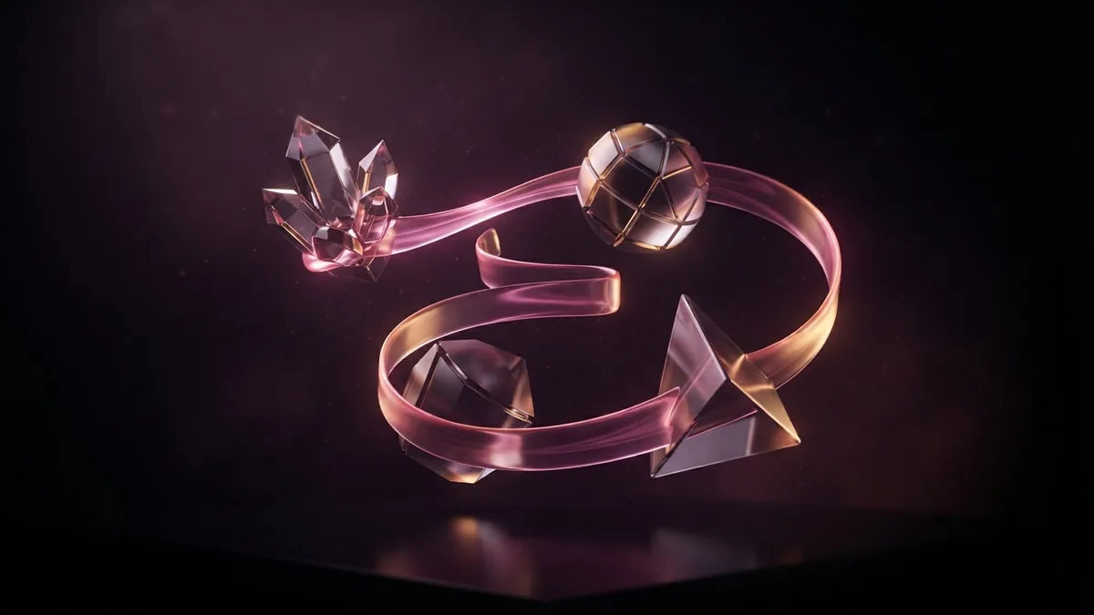 A glowing glass ribbon links abstract forms, representing the steps to build a personal brand