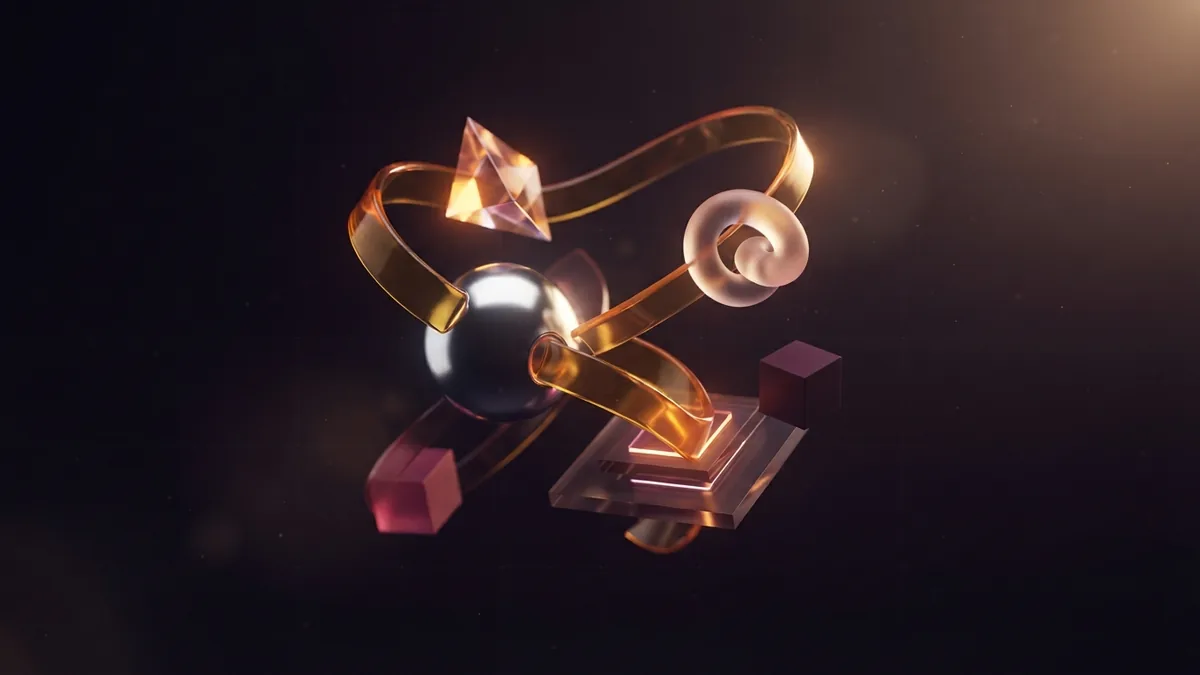 Connected glass shapes and amber ribbons representing a focused business growth plan