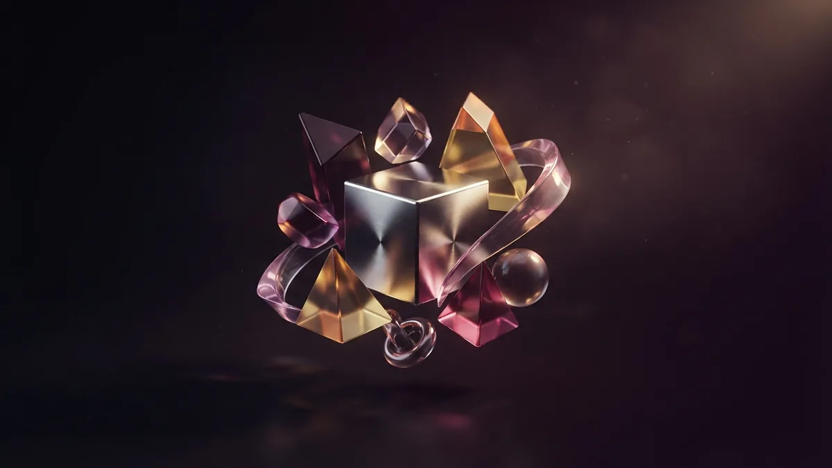 Abstract forms for marketing tools Glass prisms around a metal cube suggest a focused set of digital marketing tools